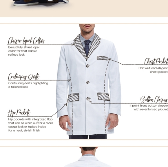 Dr. James Consultation Lab Coat Men, Slim Fit, Multiple Pockets, White, 36 Inch - Picture 5 of 9